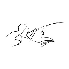 Scuba diver and shark face to face. Black line vector illustration on white background