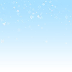 Sparse snowfall Christmas background. Subtle flying snow flakes and stars on winter sky background. Alive winter silver snowflake overlay template. Quaint vector illustration.