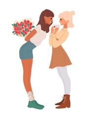 Same sex couple declaration of love. Date of female lovers of lesbian. Girl gives gift, bouquet of rose. Two women enjoying a romantic moment. LGBT young girlfriends in meet. Vector stock illustration