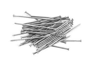 Pile of metal nails on white background, top view