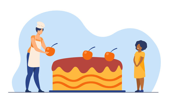 Mom And Kid Baking Cake Together. Mother And Daughter Cooking Dessert. Flat Vector Illustration. Family, Home Activity, Sweet Food Concept For Banner, Website Design Or Landing Web Page