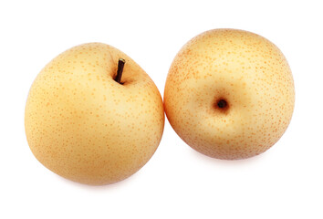Fresh ripe apple pears on white background, top view