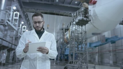 A scientist engineer inspects a spaceship, makes notes on a tablet. A space rocket in a military hangar being prepared for launch. Space technologies. Construction of Heavy Rocket. Humanity in Space