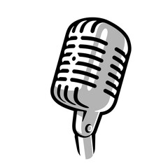 Retro vintage microphone on white background logo. Mic silhouette sign. Music, voice, record icon. Recording studio symbol. Flat stye vector illustration