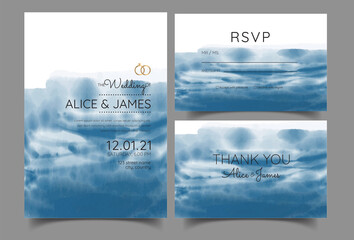 wedding invitation card, blue watercolor texture