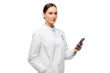 medicine, profession and healthcare concept - female doctor with stethoscope using smartphone over white background