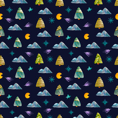 Seamless watercolor pattern of Christmas trees, mountains, crescent. Hand-drawn. for use in cover design, textile, postcard, wrapping paper, decoupage, poster, painting, textile, fabric