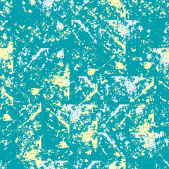 Grunge block print style geometric texture. Seamless vector pattern background with paint spatter. Aqua blue yellow organic textural backdrop repeat. Scattered irregular shapes, faded layered effect.
