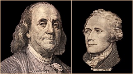 Portrait of U.S. Presidents Benjamin Franklin and Alexander Hamilton
