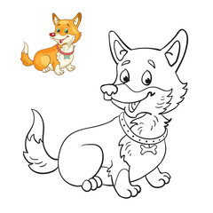 A funny dog breed corgi. Black and white picture for coloring book with a colorful example. In cartoon style. Isolated on white background. Vector illustration.