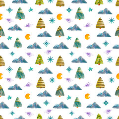 Motif aquarelle transparente d& 39 arbres de Noël, de montagnes, de croissant. Dessiné à la main. pour une utilisation dans la conception de la couverture, le textile, la carte postale, le papier d& 39 emballage, le découpage, l& 39 affiche, la peinture, 
