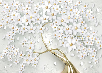 3d wallpaper for wall . mural tree with golden stem and golden pearl with white flowers . Abstract floral background .