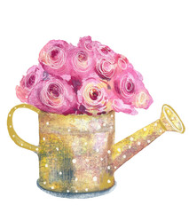 bouquet of pink roses in a watering can