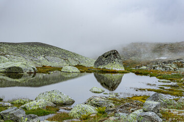 singel stone reflection on a small lake