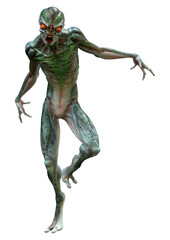 3D Rendering Green Alien on White