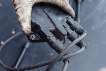 engine ignition system distributor and high-voltage ignition cable  wires connected.
