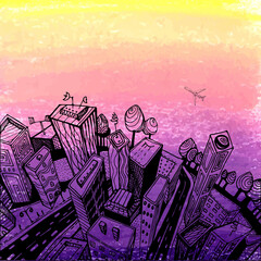 Unusual perspective of the city, drawn sketch, illustration.