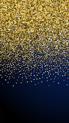 Gold glitter luxury sparkling confetti. Scattered small gold particles on dark blue background. Energetic festive overlay template. Positive vector background.