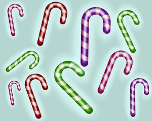 A lot of colorful candies on a mint-color background.