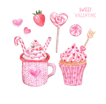 Watercolor Valentine sweets set on white background. Isolated hand painted hot chocolate mug with peppermint candy, heart shaped lollipop, cupcake, candy. Holiday dessert graphic.