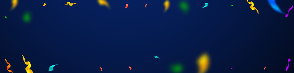 Streamers and confetti. Colorful streamers tinsel and foil ribbons. Confetti falling rain on dark blue background. Brilliant party overlay template. Ecstatic celebration concept.