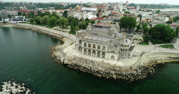 4K Aerial view of the Casino building from Constanta Romania at the coast of Black Sea