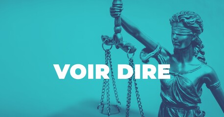 Voir Dire. Close-up of a Lady Justice Statue. Duotone blue with white text. Law and lawyer symbol.