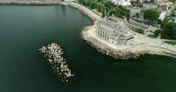 4K Aerial view of the Casino building from Constanta Romania at the coast of Black Sea