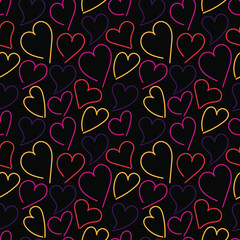 Vector doodle seamless pattern with colorful hearts on a black background. Design element for postcard, wallpaper, wrapping paper, print, textile, packing.