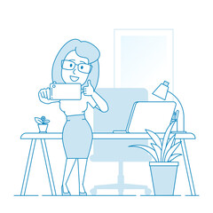 Happy woman, office worker makes selfie in office. The gesture is all ok. Character - a woman with glasses. Illustration in line art style. Vector