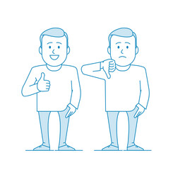 Character - a young man. Like and dislike. For better or worse, approval and condemnation. Manager or office worker. Illustration in line art style. Vector
