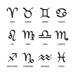 Zodiac sign. Astrological symbols of the twelve zodiacal constellations isolated on white background. Vector illustration