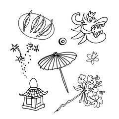 Vector set of illustrations for the Chinese New Year.Collection of images with dragon,sakura,fan,fireworks, umbrella,dumplings,lantern,persimmon.Design for cards,packaging,social networks,posters.