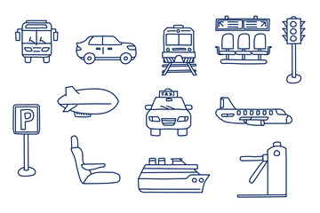 transportation doodle sketch style icon set. isolated on white background simple ink hand drawn Vector illustration
