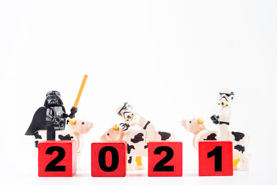 Bangkok, Thailand - January, 17, 2021 :  Lego Star Wars rides a bull to celebrate 2021.Year of the Cow by the Year of the 12 Zodiac at Bangkok, Thailand.