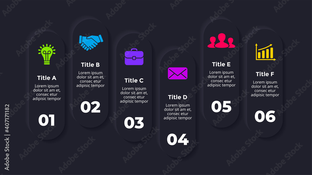 Wall mural neumorphic vector infographic. presentation slide template. dark circle banners. 6 steps. neumorphis