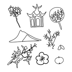 Vector set of illustrations for the Chinese New Year. Collection of images with pagoda, sakura, fan, fireworks, mandarin, mountain, fortune cookies.Designs for cards, packaging, social media, posters.