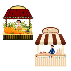 Farmer and ice cream street shop. A lot of food, ice cream, dessert, wine, cheese, vegetables, fruits. Old urbanstyle landscape. Flat design. Vector illustration