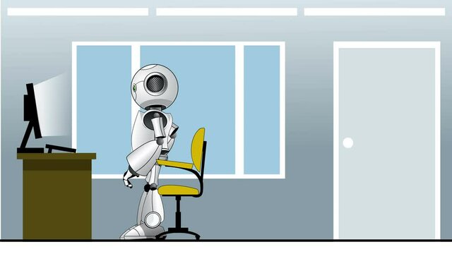 2D robot working on a computer and showing the clock, in a cartoon style.