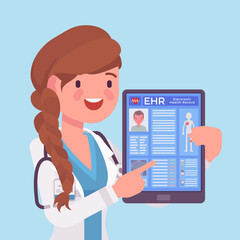 Electronic health record, EHR digital patient tablet chart, female doctor. Young woman holding device with clinical data, medical treatment history application. Vector flat style cartoon illustration