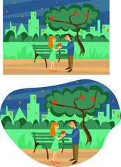 Naklejka premium Set of Valentin’s day greeting cards with couple in night city park