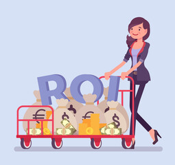 Return on Investment, ROI, businesswoman pushing trolley full of cash. Young woman with dollar sack cart, positive gain, financial training business performance. Vector flat style cartoon illustration