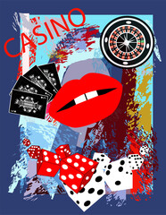 Casino background with red lips, dices and roulette wheel, cartoon.