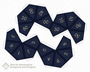 Vector paper cut model of 10 sided dice for board games. White background.