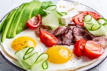 healthy keto diet breakfast egg, avocado, cheese, bacon. Food recipe background. Close up