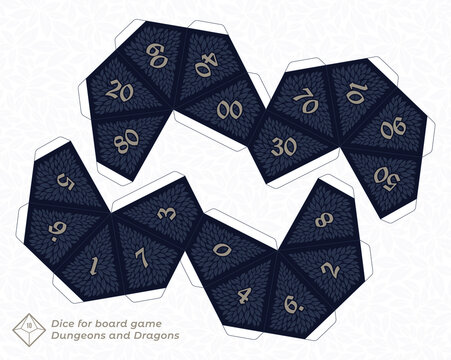Vector paper cut model of 10 sided dice for board games. White background.