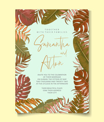 Tropical leaves wedding invitation card design
