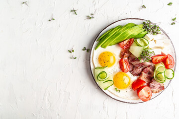Healthy nutritious paleo keto breakfast diet Fried eggs, bacon, avocado, cheese and fresh salad. Keto breakfast or lunch. banner, catering menu recipe place for text, top view