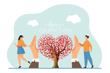 Valentine's day. Concept hands hold a tree made of hearts. Gift of a hand and heart