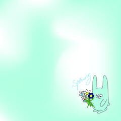 drawing of a cartoon hare with a bouquet of flowers on a blue gradient background